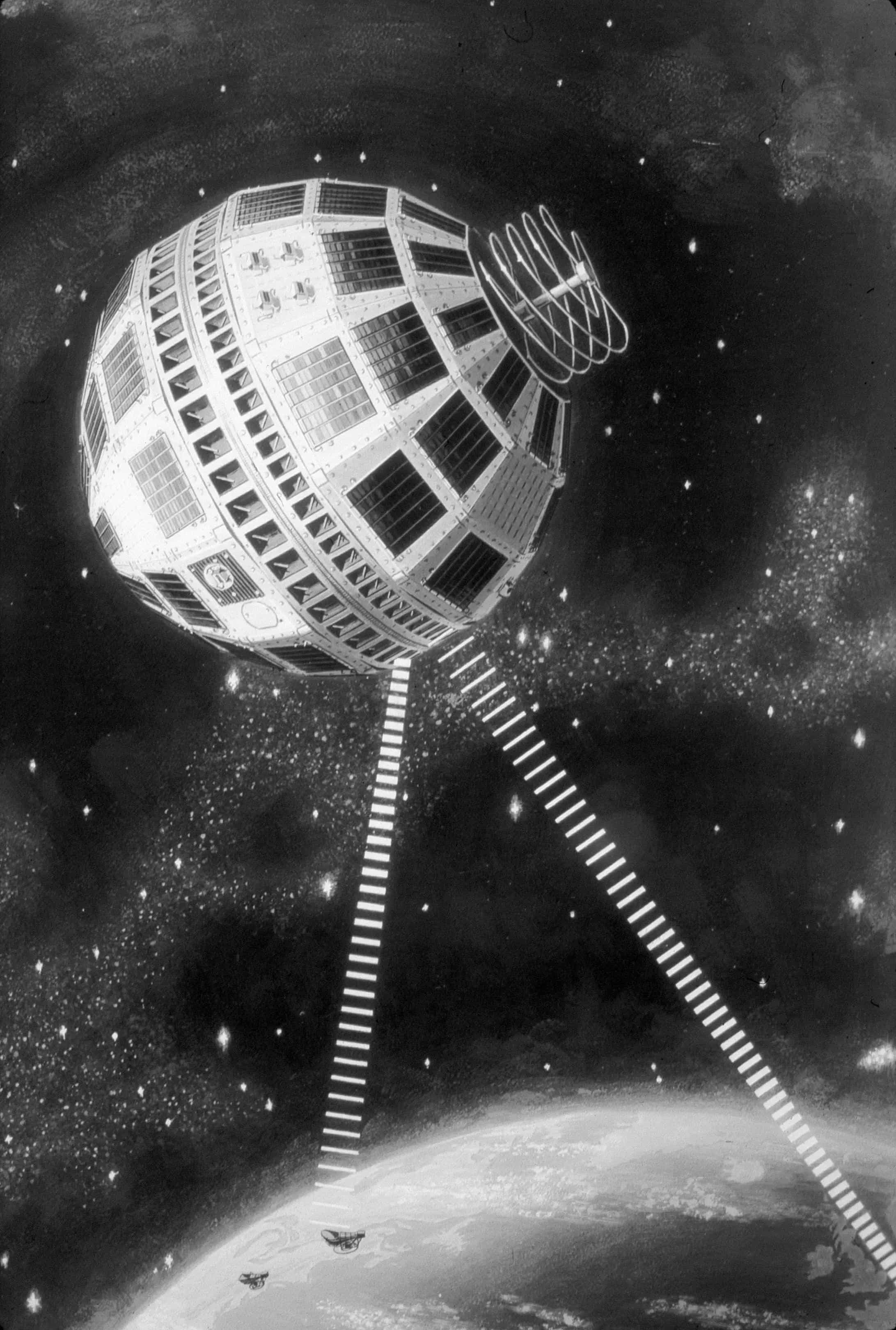 El Telstar 1 antes de ser lanzado al espacio en su taller de fabricación en New Jersey, y en fotomontajes simulando su comportamiento en el espacio